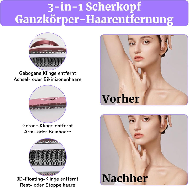 Elektrischer Damenrasierer 4-in-1 mit LED Display für Frauen & Männer, Nass- & Trockenrasierer IPX7