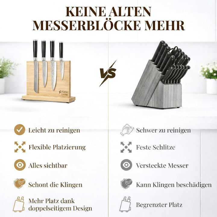 Messerblock Magnetisch ohne Messer, Bambus – Beidseitiger Messerhalter, Freistehend &amp; Platzsparend