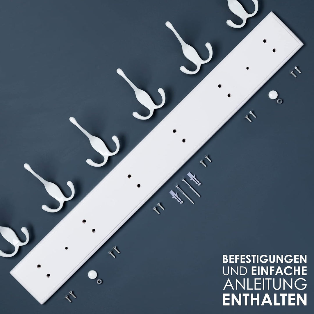 LARHN Garderobenhaken Weiss - Garderobenleiste Weiss mit 6 Haken - 59 cm - Kleiderhaken Wand - Wandg
