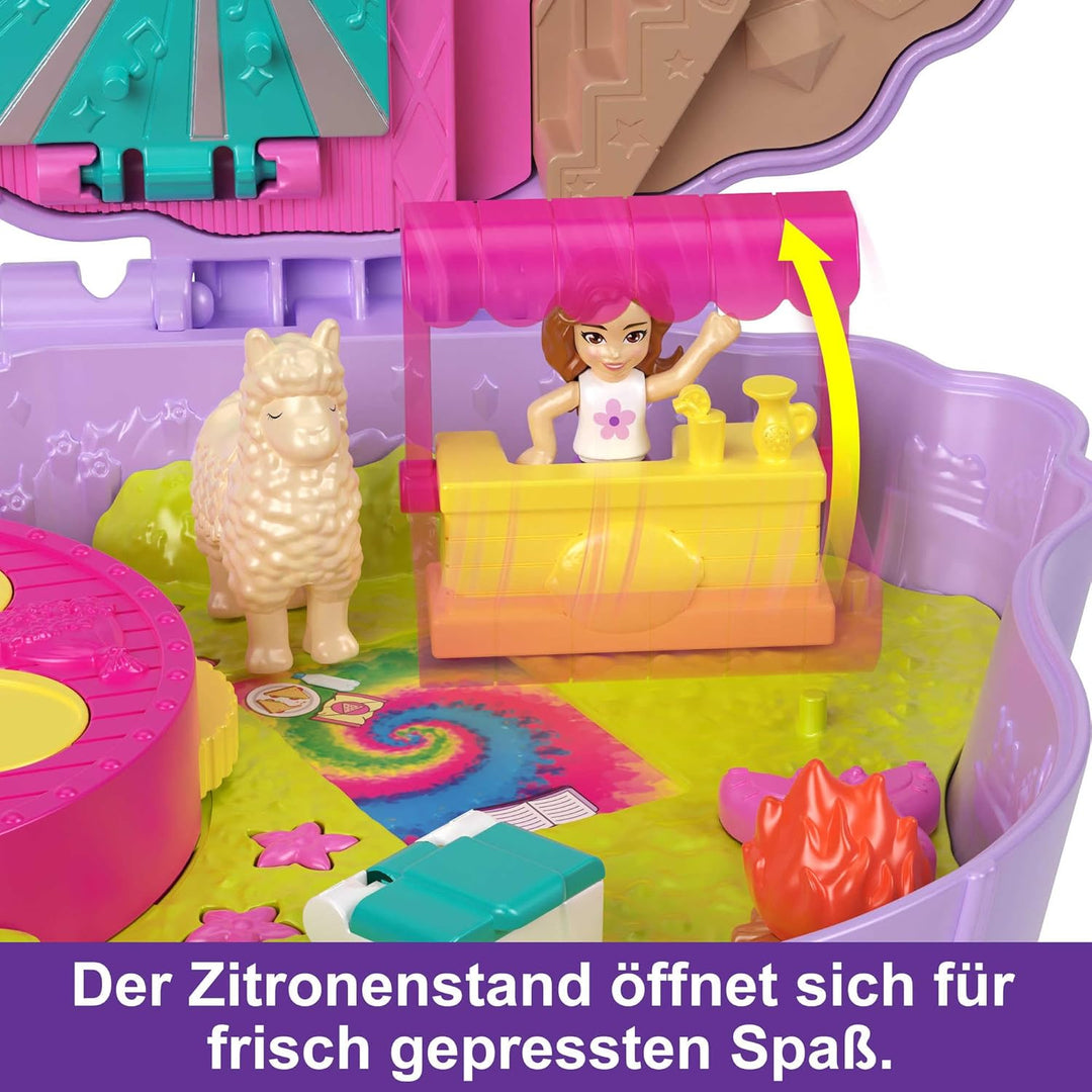 Polly Pocket Camp Abenteuer - Lama Schatulle Spielset mit 2 Puppen, 5 Spielelementen, 13 Accessoires