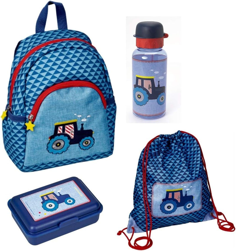 Spiegelburg Kindergarten Rucksack Set 4tlg. mit Turnbeutel, Brotdose und Trinkflasche Traktor