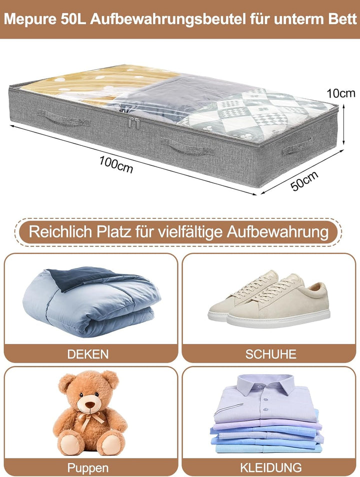mepure Ultraflache Unterbett Aufbewahrungsbox 100×50×10 cm – Faltbare Unterbettkommode mit Klarsicht