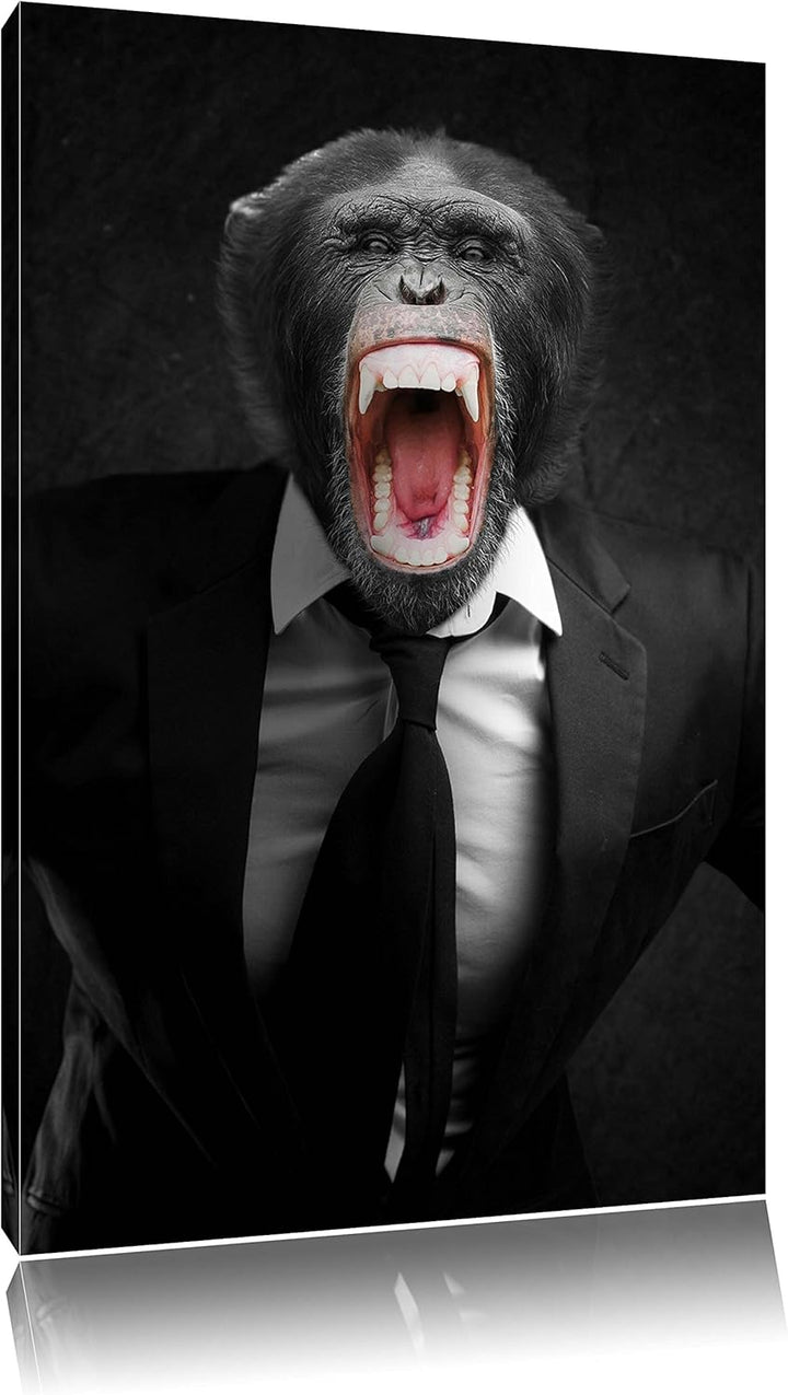 Dark brüllender Affe im Anzug schwarz/weiss Format: 100x70auf Leinwand, XXL riesige Bilder fertig ge