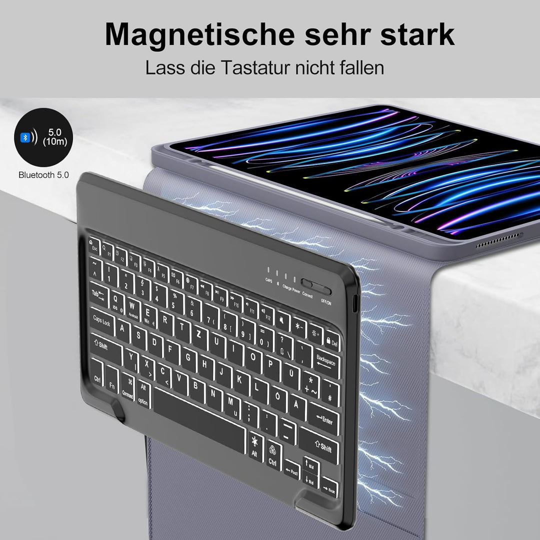 Für iPad Pro 12,9" Hülle mit 7-Farben Beleuchtung Tastatur (2018-2022) – QWERTZ Bluetooth Tastatur,