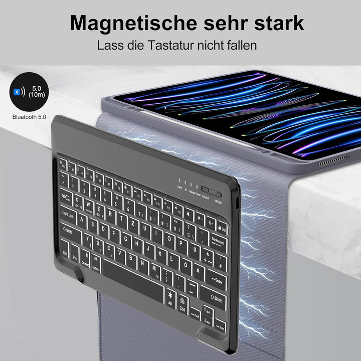 Für iPad Pro 12,9" Hülle mit 7-Farben Beleuchtung Tastatur (2018-2022) – QWERTZ Bluetooth Tastatur,