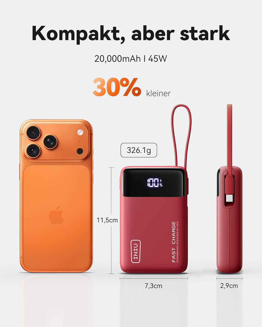 INIU 45W Power Bank, Ultra Klein 20000mAh Powerbank mit Integriertem USB C Kabel, Schnellladen Exter