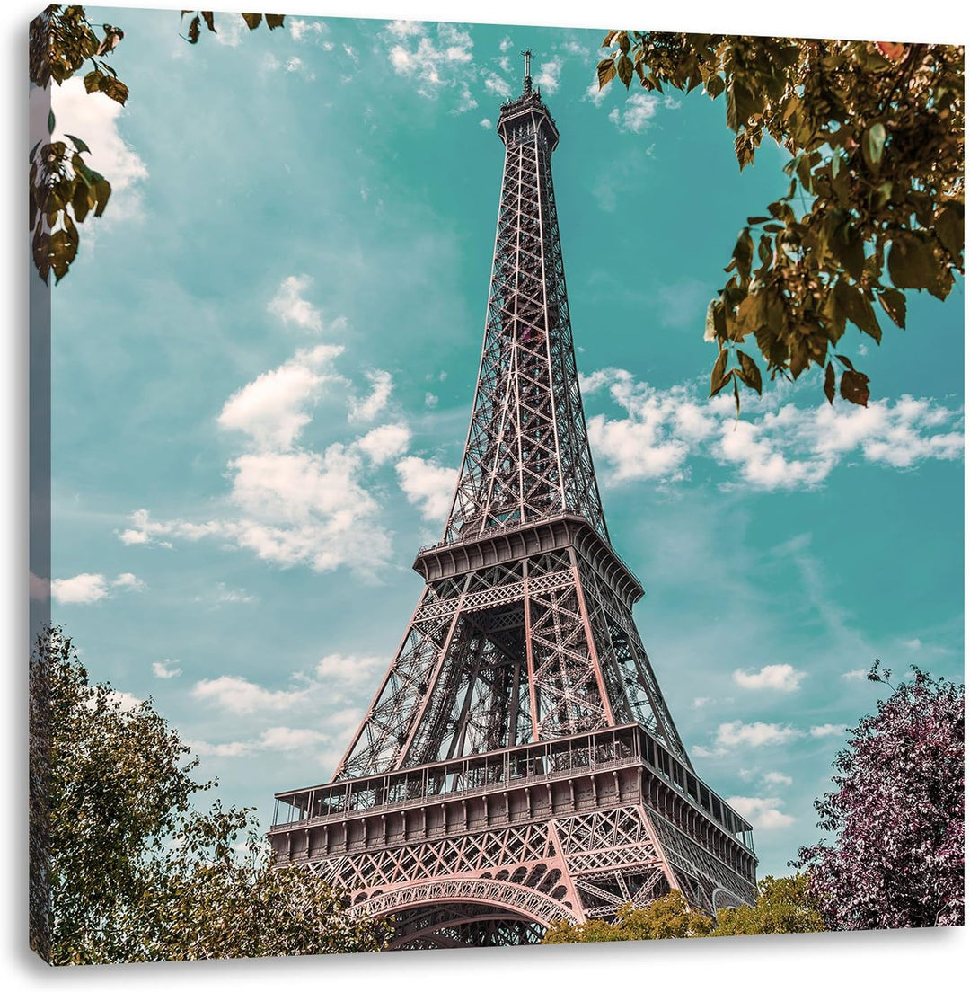 Eifelturm Paris, Format: 70x70 auf Leinwand, XXL riesige Bilder fertig gerahmt mit Keilrahmen, Kunst