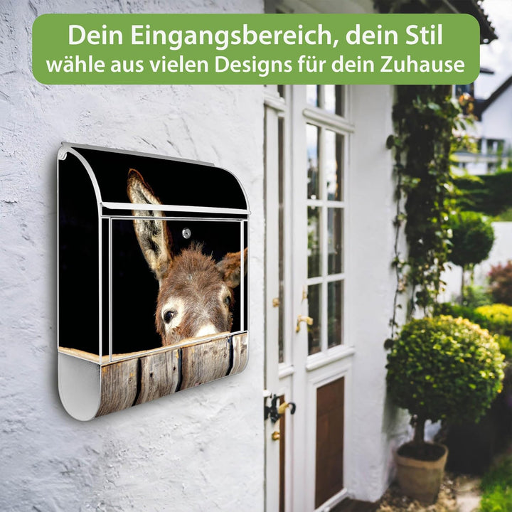 banjado® Design Briefkasten mit Motiv Esel 39x47x14cm &amp; 2 Schlüssel - Briefkasten Stahl weiss mit Ze
