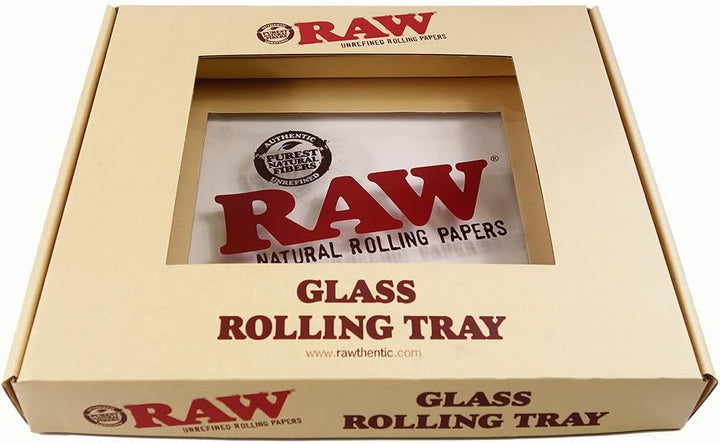 2x RAW Glass Rolling Tray Drehunterlage aus bruchsicherem Glas mit RAW-Logo
