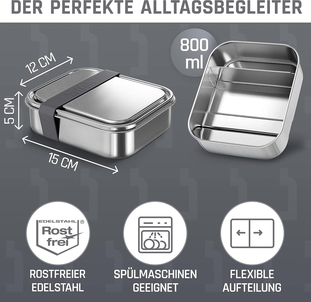 Edelstahl Brotdose mit Fächern 800ml | inkl. flexiblem Trenner | Brotbox Kinder mit Unterteilung | B