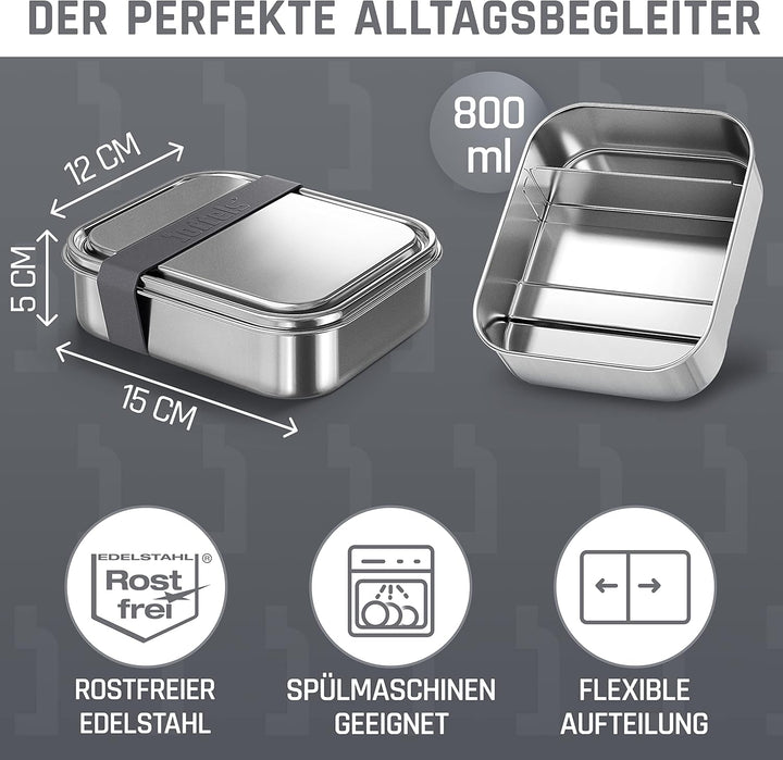Edelstahl Brotdose mit Fächern 800ml | inkl. flexiblem Trenner | Brotbox Kinder mit Unterteilung | B