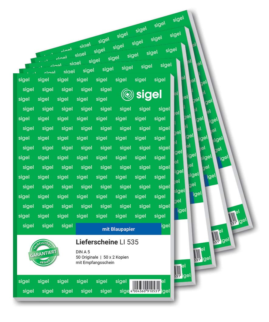 SIGEL LI535/5 Lieferscheine mit Empfangsschein, A5, 3x50 Blatt, 5er Pack 5 Stück A5, 3x50 Blatt, 5 S