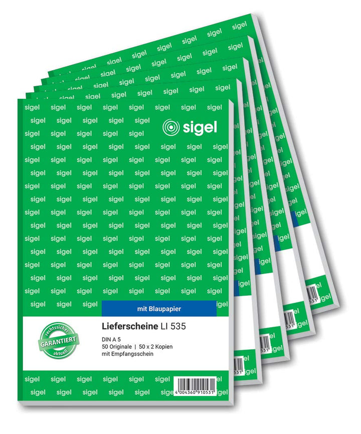 SIGEL LI535/5 Lieferscheine mit Empfangsschein, A5, 3x50 Blatt, 5er Pack 5 Stück A5, 3x50 Blatt, 5 S