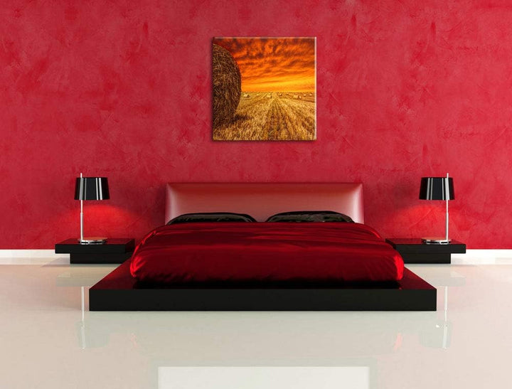 Feld im Sonnenuntergang, Format: 70x70 auf Leinwand, XXL riesige Bilder fertig gerahmt mit Keilrahme