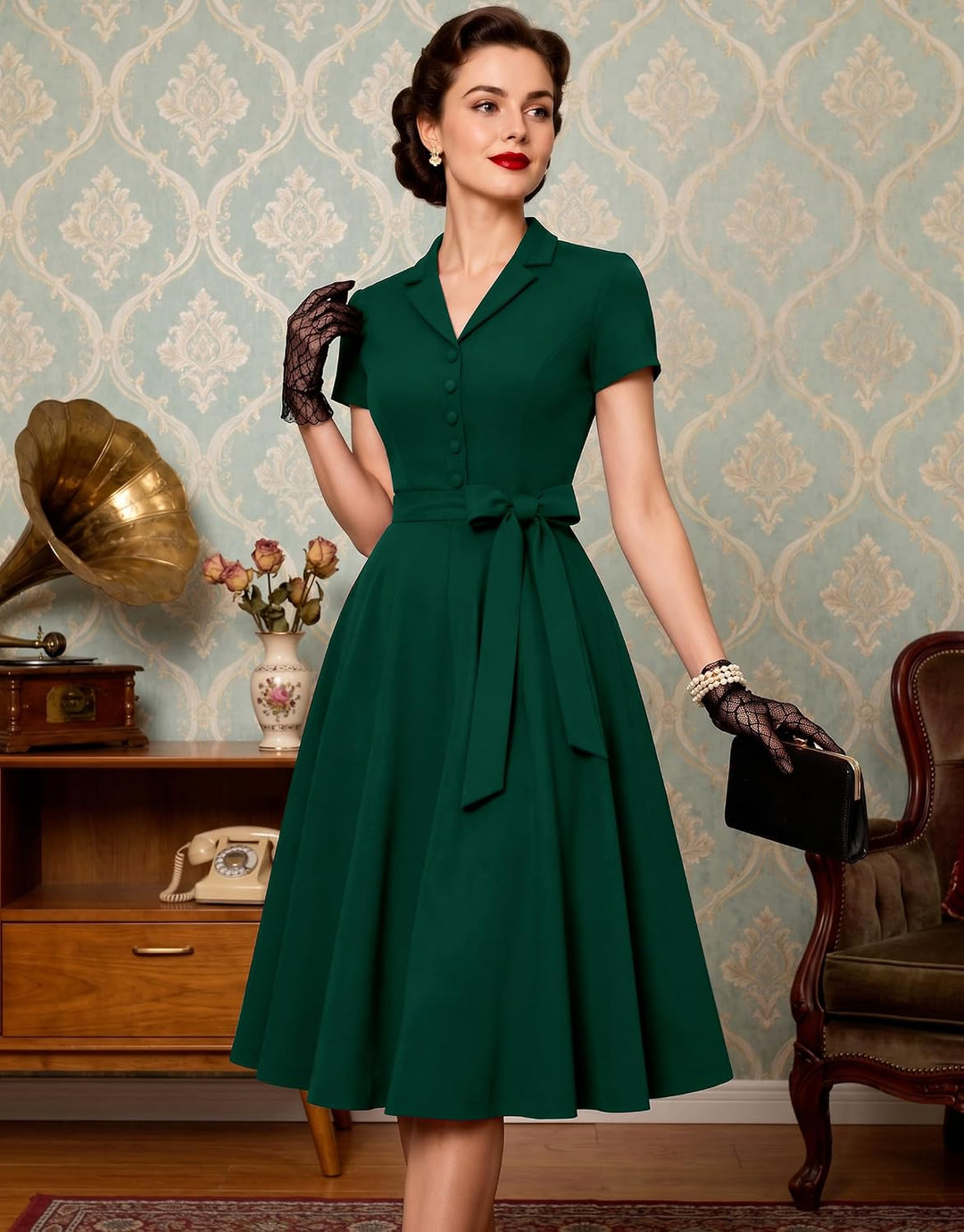 Wedtrend Vintage Cocktailkleid Damen A Linie Midilang V-Ausschnitt Abendkleid Elegant Freizeitkleide