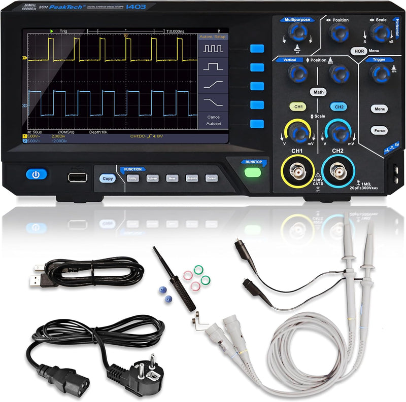 PeakTech 1403, Digital Speicher Oszilloskop, 2 Kanal, 50 MHz, 500 MS/s, USB Schnittstelle, PC Softwa