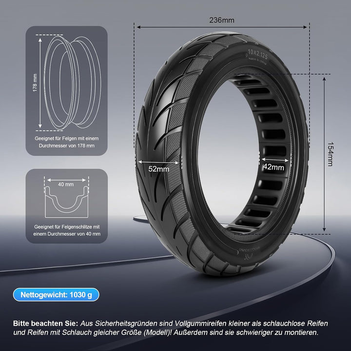 VOLOHAS 10*2,125 Vollreifen 250*54 Solide Reifen für Xiaomi 4Pro/4Lite/Ninebot uifi/F20d/F30d/F40d/F