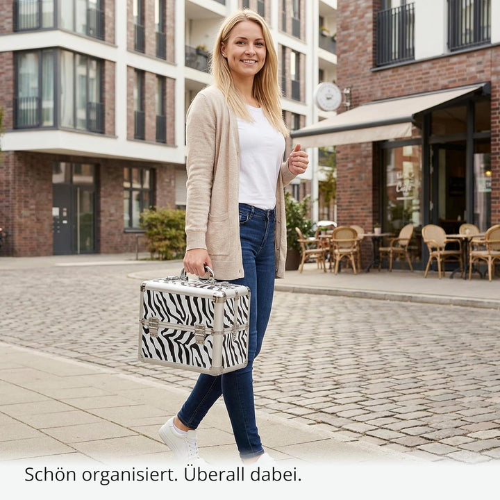 N&BF Kosmetikkoffer Zebra Design – Stylischer Schminkkoffer Damen leer & Klein | Beauty Case Abschli