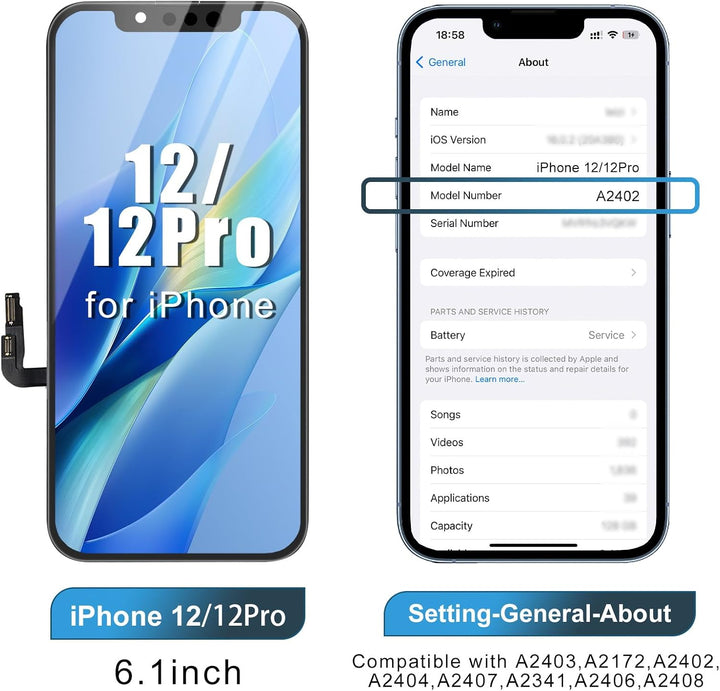 Dinow Display für iPhone 12 12 Pro, 6.1" Bildschirm für iPhone 12 für iPhone 12 Pro Full HD 3D Touch