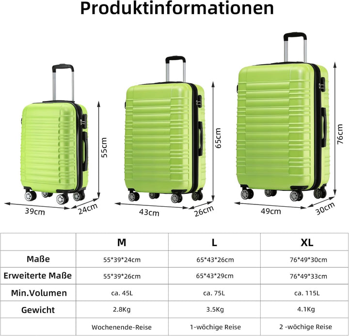 BEIBYE Hartschalen Koffer Trolley Rollkoffer Reisekoffer Zwillingsrollen Kofferset (Grün, Set) Grün