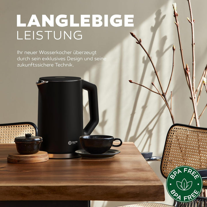 BALTER Edelstahl Wasserkocher mit Temperatureinstellung, 40°C-100°C, Doppelwand, BPA frei, leise & k