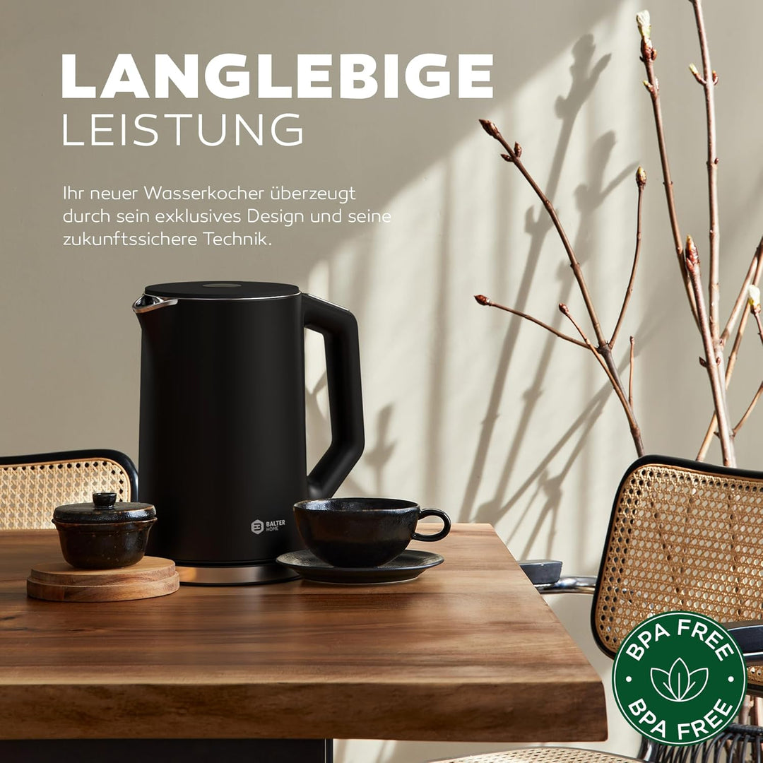BALTER Edelstahl Wasserkocher mit Temperatureinstellung, 40°C-100°C, Doppelwand, BPA frei, leise & k