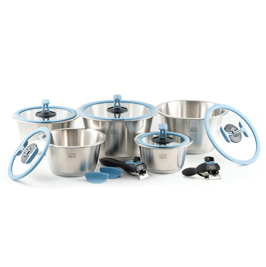 nesto stapelbares Topfset 14-tlg. Blau, 5 Edelstahltöpfe induktions-, backofen- und spülmaschinengee