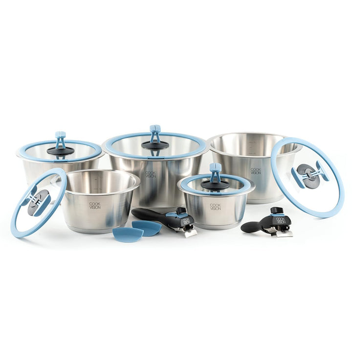 nesto stapelbares Topfset 14-tlg. Blau, 5 Edelstahltöpfe induktions-, backofen- und spülmaschinengee