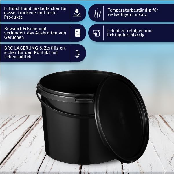 BenBow Eimer mit Deckel 10l schwarz 3X 10 Liter - lebensmittelecht, stabil, luftdicht, auslaufsicher