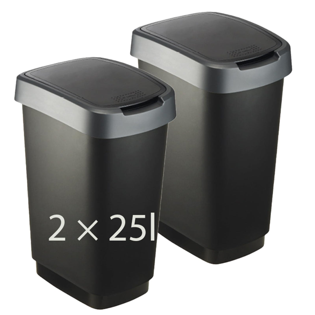 Rotho Twist 2er-Set Mülleimer 25l mit Deckel, Kunststoff (PP) BPA-frei, anthrazit/silber, 25l (33.3