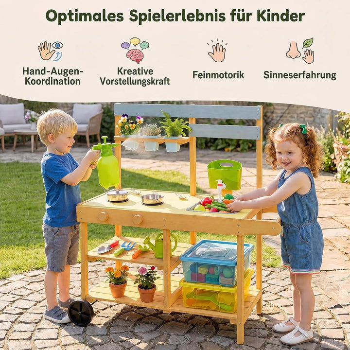 DREAMADE Matschküche Kinder Outdoor, Spielküche mit Herd &amp; Kochzubehör | Kinderküche mit Griff &amp; 2 R