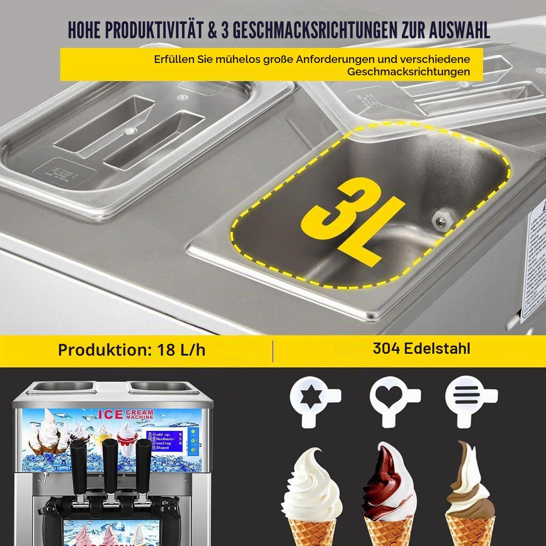 Kommerzielle Eiscreme-Maschine, 18L/H, 1200W, 3 Geschmacksrichtungen, italienische Eismaschine, Tric