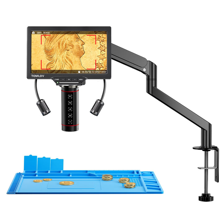 TOMLOV TM3K-AF Flex Autofokus Mikroskop Digital: HDMI IPS Münzvergrösserer mit Gen 6 Flex Arm & Verb