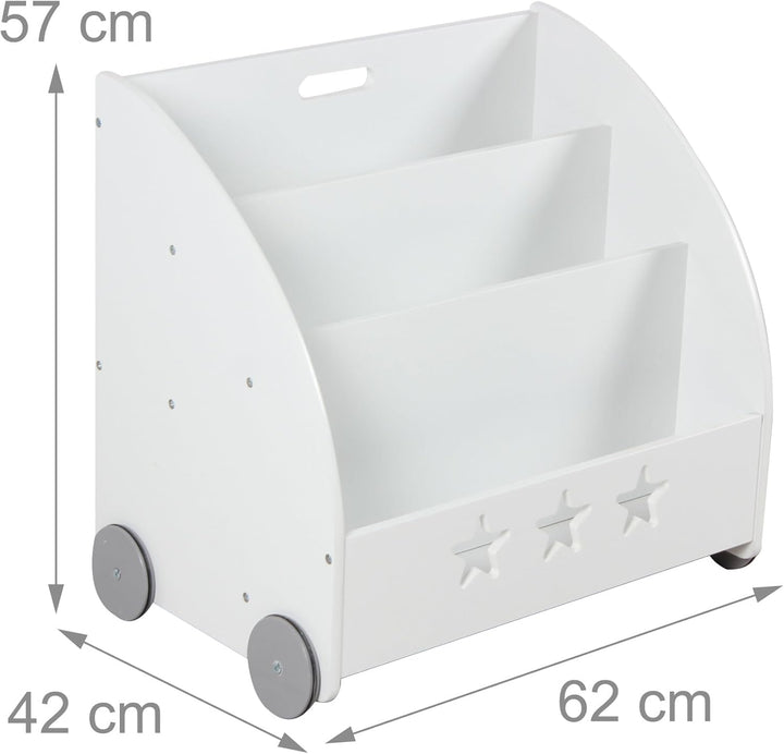 Relaxdays Bücherregal Kinder, HBT: 57 x 62 x 42 cm, fahrbar, 3 Fächer für Bücher, Spielzeug, Kinderb