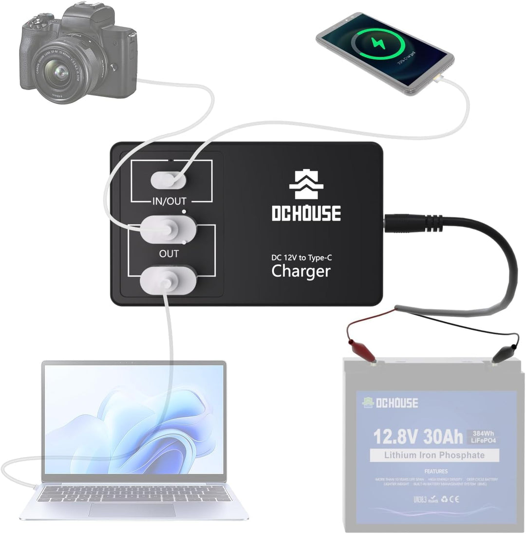 DCHOUSE 12V Lithium Batterie Ladegerät Adapter Konverter, DC zu Typ-C & USB,Bidirektionales Laden un