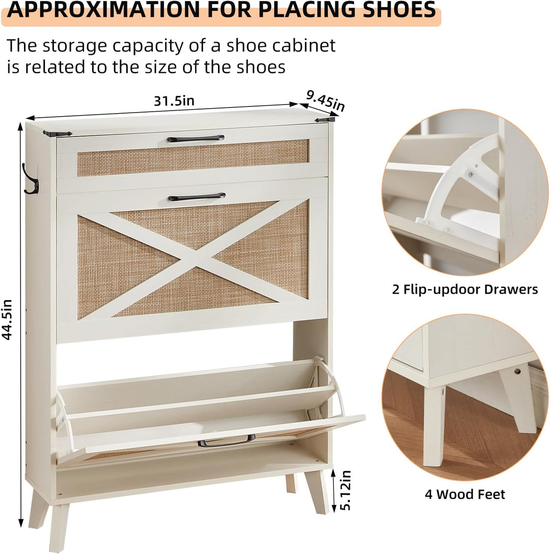 LELELINKY Schuhschrank für den Eingangsbereich mit 2 Rattan-Klappschubladen, schmaler Boho-Schuhschr