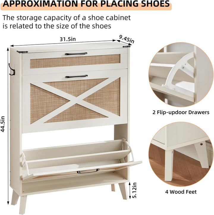 LELELINKY Schuhschrank für den Eingangsbereich mit 2 Rattan-Klappschubladen, schmaler Boho-Schuhschr