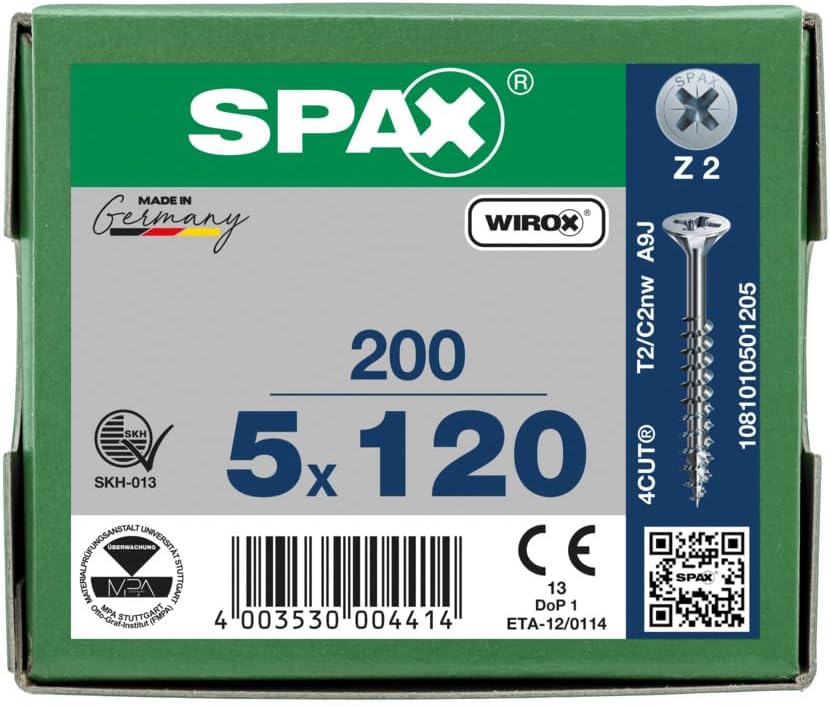 SPAX Universalschraube, 5,0 x 120 mm, 200 Stück, Kreuzschlitz Z2, Senkkopf, Vollgewinde, 4CUT, WIROX