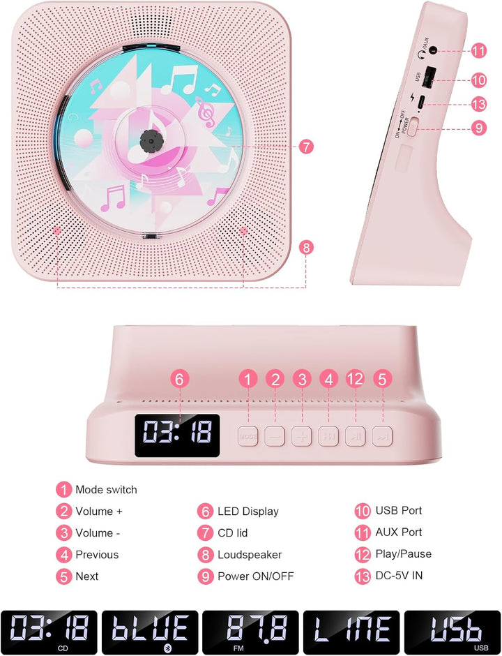 Gueray CD Player Bluetooth CD-Player mit Lautsprecher Unterstützt Fernbedienung Anzeige FM Radio mit