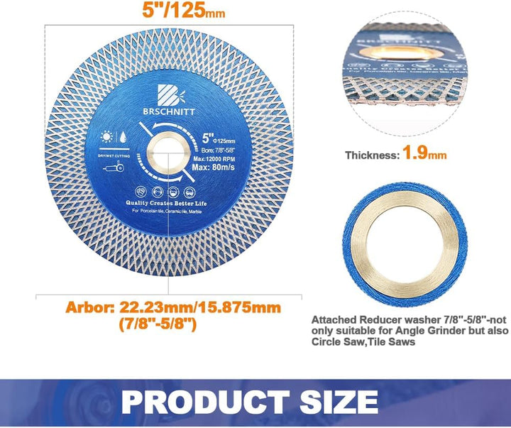 Diamant Trennscheibe 125mm - BRSCHNITT Doppelseitig zum Schneiden und Schleifen für Keramik, Fliesen