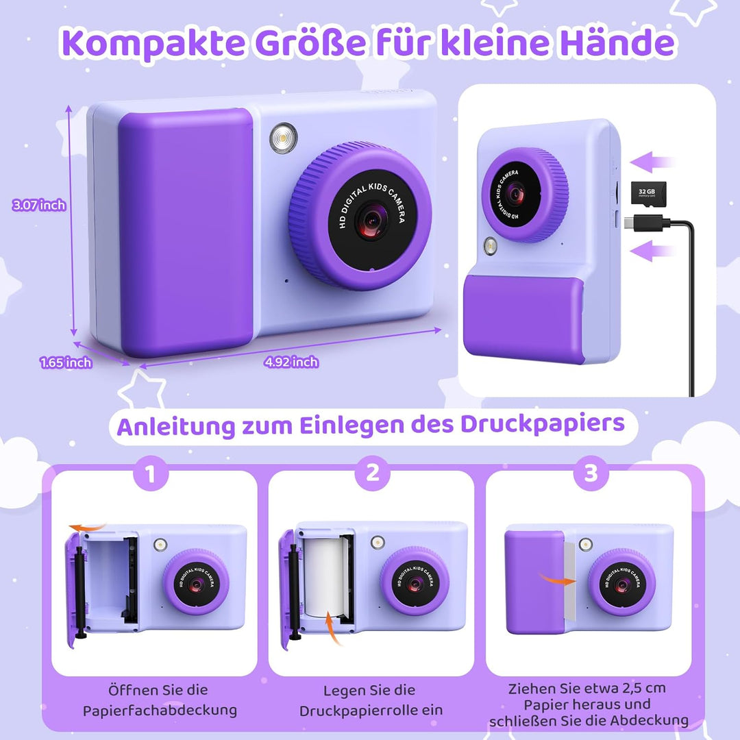 Sofortbildkamera Kinder, 20MP 1080P HD Tragbare Digitalkamera mit 2,4-Zoll-Display, 3 Rollen Farbfot