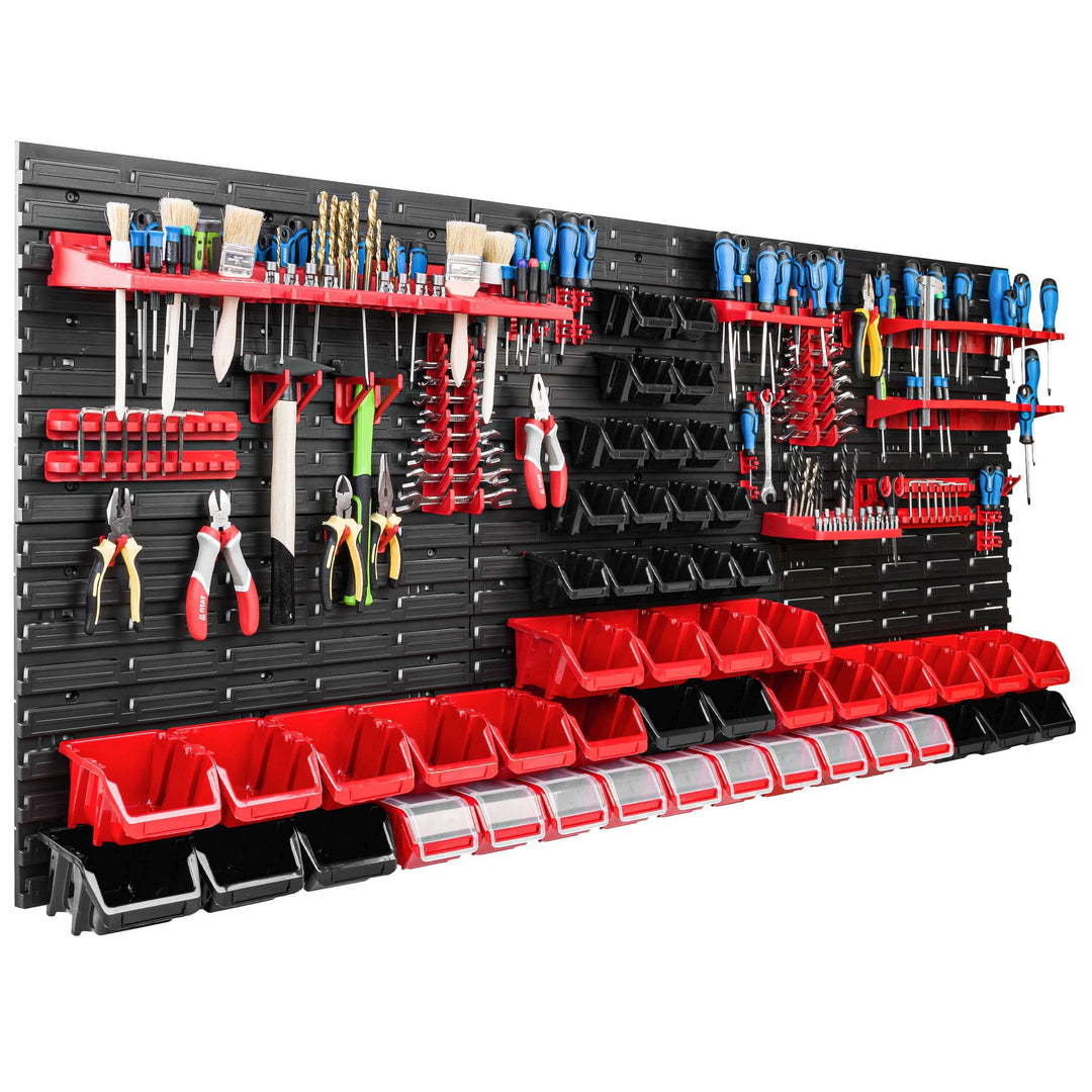 Lagersystem Werkstattregal | 172 x 78 cm | 50 stck. Box | Wandregal mit Werkzeughalterungen und Stap