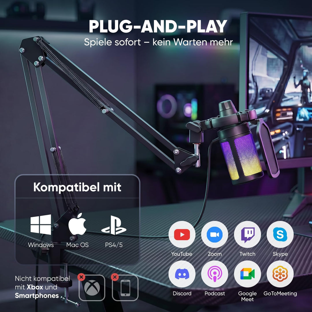 FIFINE Gaming Mikrofon PC mit Arm, Typ A/C USB Microphone Kit mit Stummschalttaste für Podcast Strea