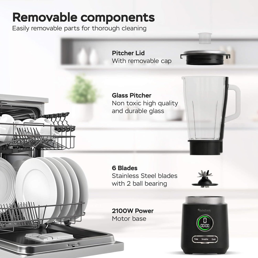 TurboTronic Standmixer - BG7-2100 Watt (25.000 RPM) mit 2,0 L Glasbehälter Edelstahl, Glas Smoothie