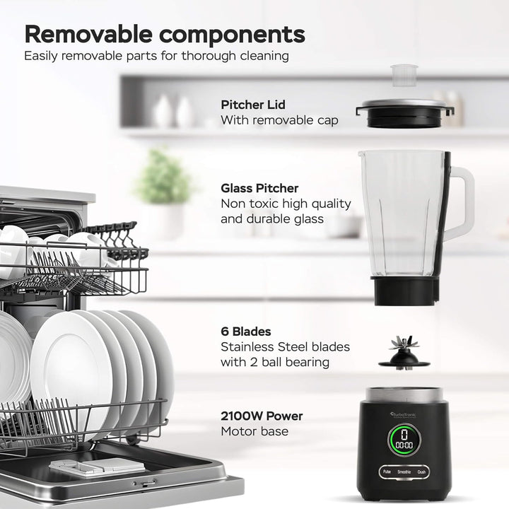 TurboTronic Standmixer - BG7-2100 Watt (25.000 RPM) mit 2,0 L Glasbehälter Edelstahl, Glas Smoothie