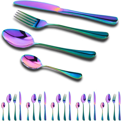 Regenbogen Besteck Set 6 Personen,24 Teilig Besteckset，Inkl Messer,Gabel LöFfel Und DessertlöFfel,Be