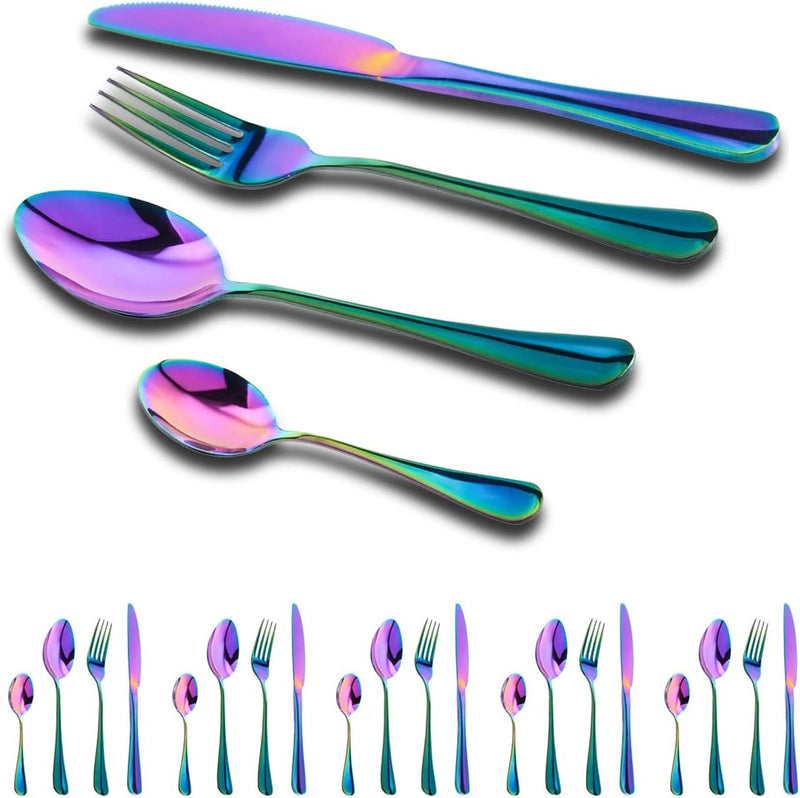 Regenbogen Besteck Set 6 Personen,24 Teilig Besteckset，Inkl Messer,Gabel LöFfel Und DessertlöFfel,Be