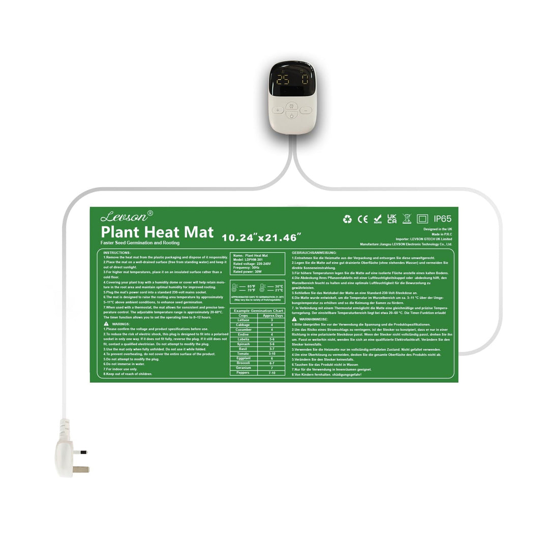 Heizmatte für Aussaat, 30 W, wasserdicht 26 × 54,5 cm, 15–60 °C mit Thermostat und Timer 0–12 h, Hei