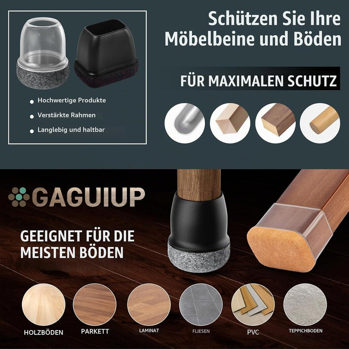 Stuhlbeinkappen rechteckige, Bodenschoner für Stühle, Schutzkappen für Stuhlbeine mit Filz,Silikon S