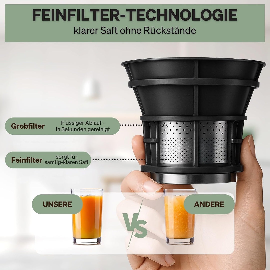 Entsafter, 250W Slow Juicer Kaltentsafter mit Holz-Untersetzern & 130 mm XXL Einfüllschacht für ganz